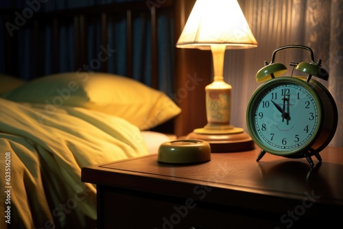 close-up of alarm clock on nightstand with dim lighting