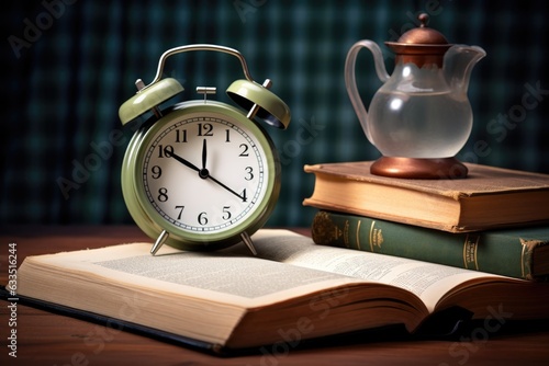 alarm clock near an open book and reading glasses