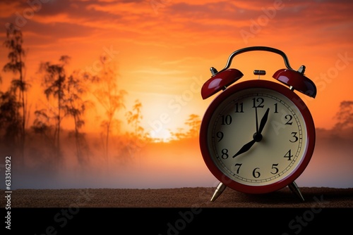 alarm clock silhouette against a sunrise backdrop