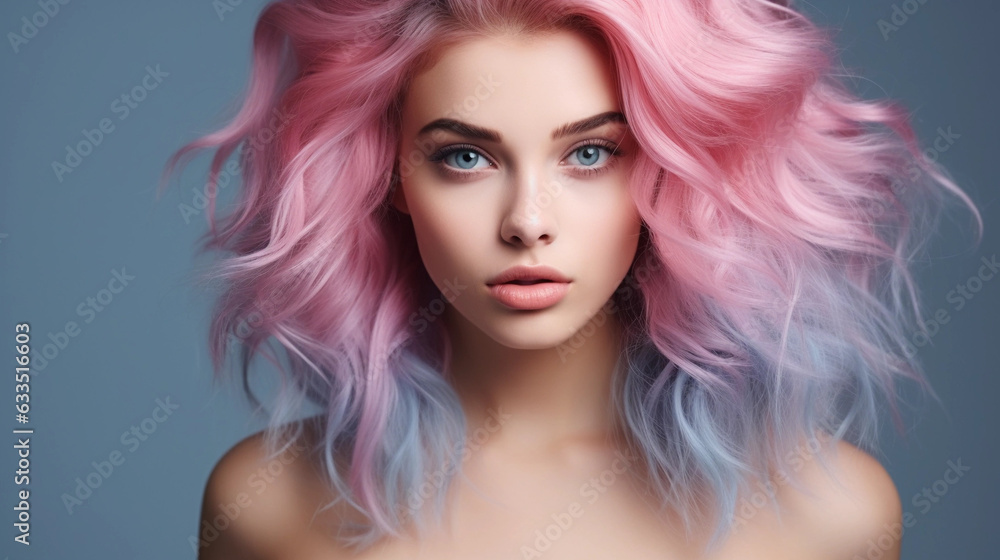 Fototapeta premium Portrait of beautiful model with blue pink hair for an advertisement for cosmetics brand.
