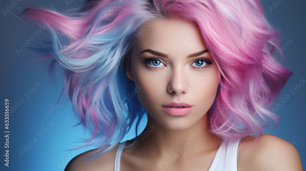 Portrait of beautiful model with blue pink hair for an advertisement for cosmetics brand. Portrait of beautiful model with blue pink hair for an advertisement for cosmetics brand.