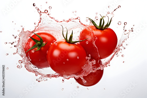 Photo fresh tomatoes under pouring water on white background 