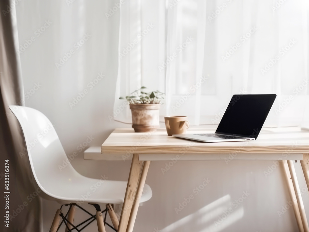 Desktop with laptop and cup of coffee in front of a window with morning sunlight. Generative AI. Home cozy office concept in scandinavian style Desktop with laptop and cup of coffee in front of a window with morning sunlight. Generative AI. Home cozy office concept in scandinavian style