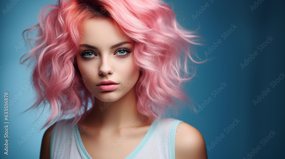 Portrait of beautiful model with blue pink hair for an advertisement for cosmetics brand. Portrait of beautiful model with blue pink hair for an advertisement for cosmetics brand.