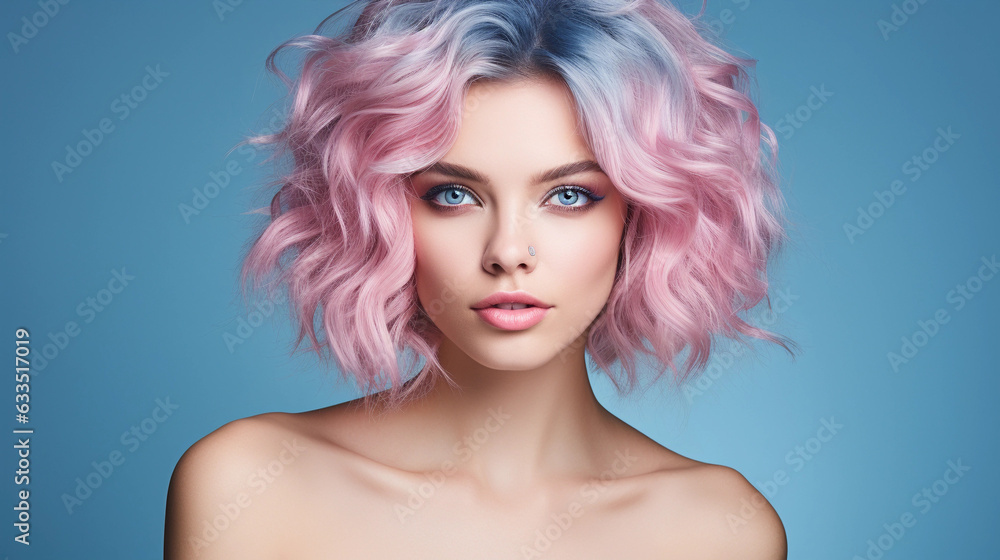 Portrait of beautiful model with blue pink hair for an advertisement for cosmetics brand.