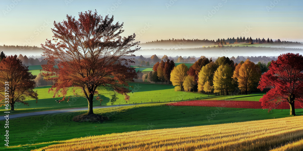 Obraz premium Autumn green meadow by colorful foliage of trees environment