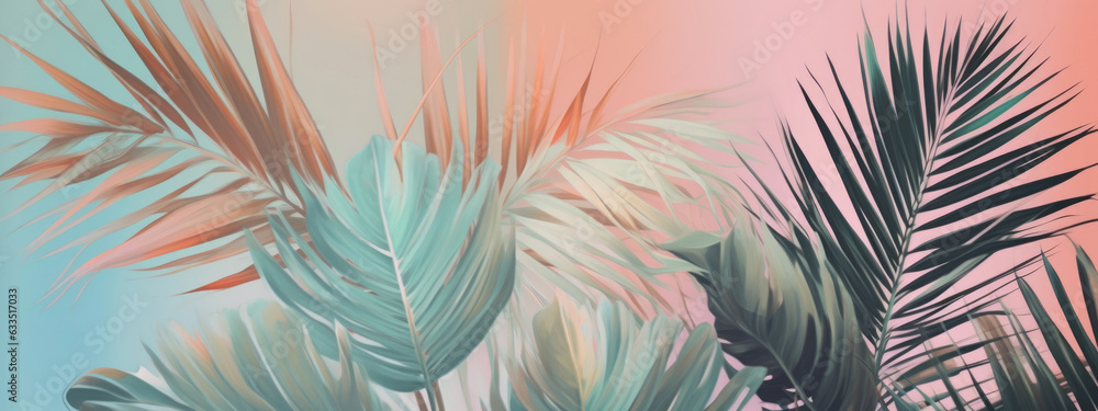 Multicolored palm leaves on a pastel background. AI generated. Illustration for design, poster or print. Multicolored palm leaves on a pastel background. AI generated. Illustration for design, poster or print.