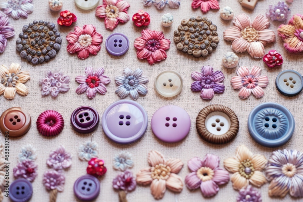 cross-stitch embroidery with buttons as decorative elements