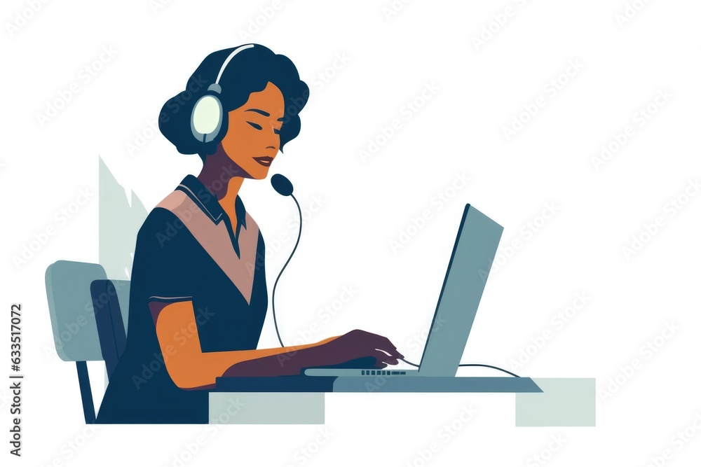 illustration, young customer service representative working in front of a computer, minimalist on a white background. generative ai illustration, young customer service representative working in front of a computer, minimalist on a white background. generative ai