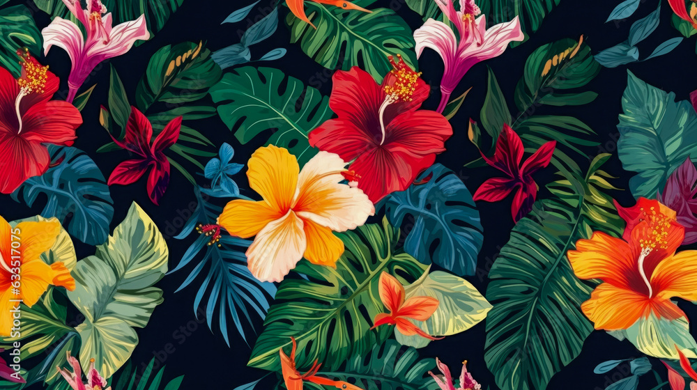 Multicolor leaf and flowers pattern on black background. Generated AI. Illustration for design, postcard or print. Multicolor leaf and flowers pattern on black background. Generated AI. Illustration for design, postcard or print.