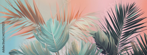 Multicolored palm leaves on a pastel background. AI generated. Illustration for design, poster or print.