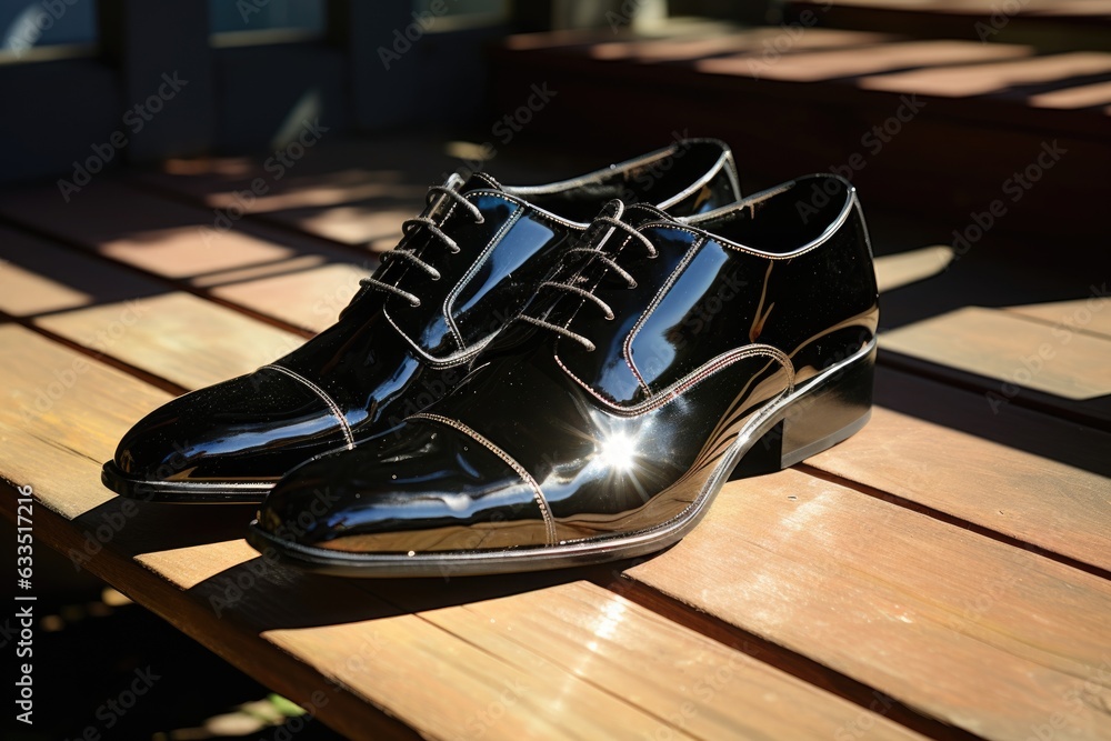 sunlight reflecting on shiny black dress shoes