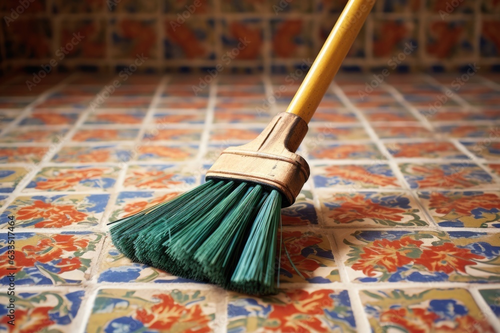 close-up of broom bristles sweeping a tiled floor