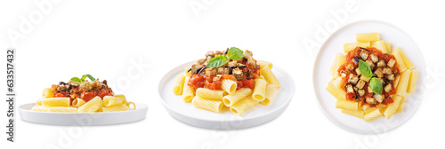 Roasted eggplant tomato sauce pasta on a white isolated background