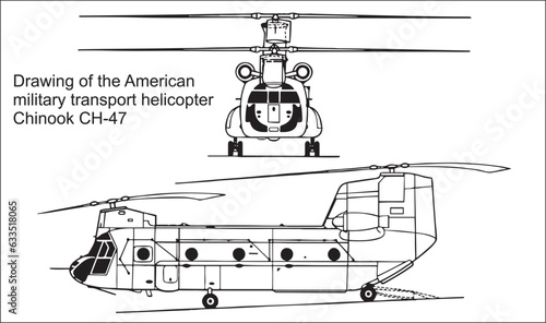 
Vector drawing of the American military transport helicopter  Chinook CH-47. General view. Front, side view. Cad scheme. 