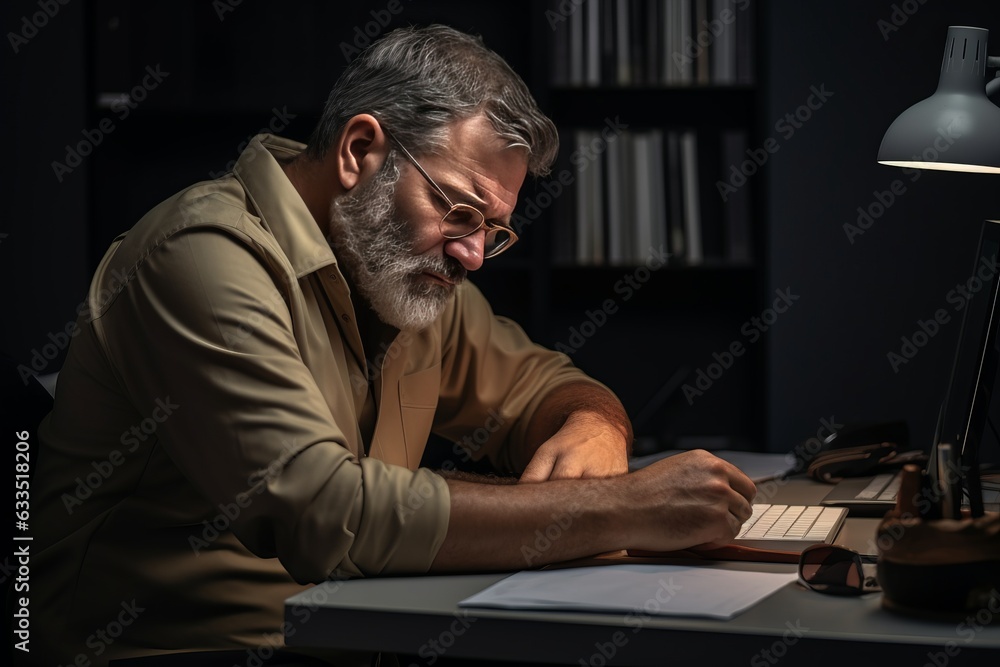 mature middle-aged caucasian man with silver hair and glasses writing something with a pen in a notebook sitting in the home office library. professional creative writer mature middle-aged caucasian man with silver hair and glasses writing something with a pen in a notebook sitting in the home office library. professional creative writer