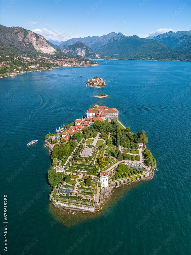 The drone aerial view of Borromean islands on Maggiore Lake and Stresa town, Italy. 