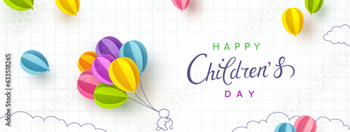 Children's Day postcard with flying balloons bunch and child on copybook page background. Vector 3d paper colorful ballons special cartoon kids poster template