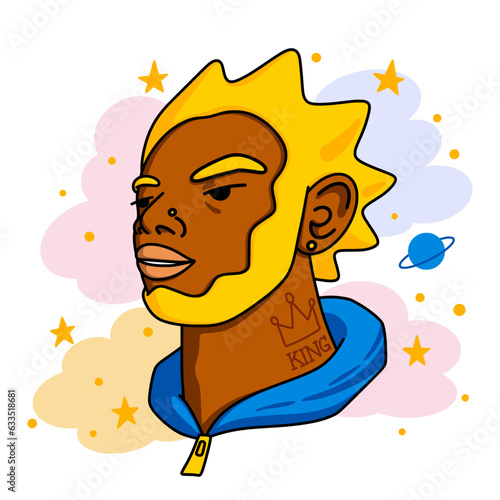 Dark skinned man Portrait. Avatar with nose piercing, earring, crown and king tattoo, sporty attire. Stylish and confident individual or divercity blond boy. Vector flat trendy illustration 