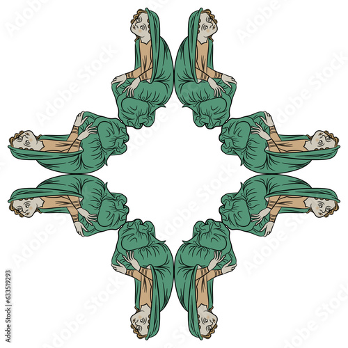 Geometrical rhombus shape frame design with sitting medieval women. Illuminated manuscript motif. Isolated vector illustration.