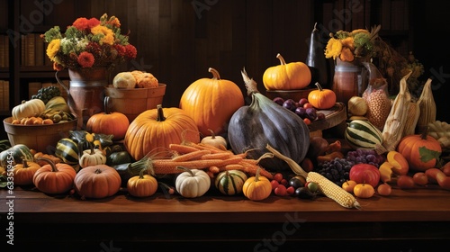  a table topped with lots of different types of pumpkins. generative ai
