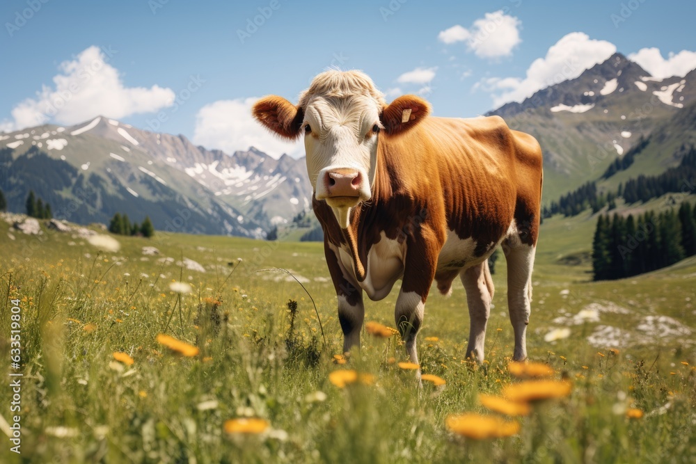 a cow at a field of grass with mountains in the background Generative AI