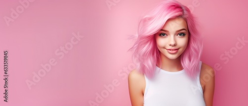 Wallpaper Mural Banner of a portrait of a Teenage girl with pink hair in Pink style on pink background.  Torontodigital.ca