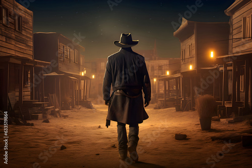 Back view of cowboy, western movie scene in wild west town.