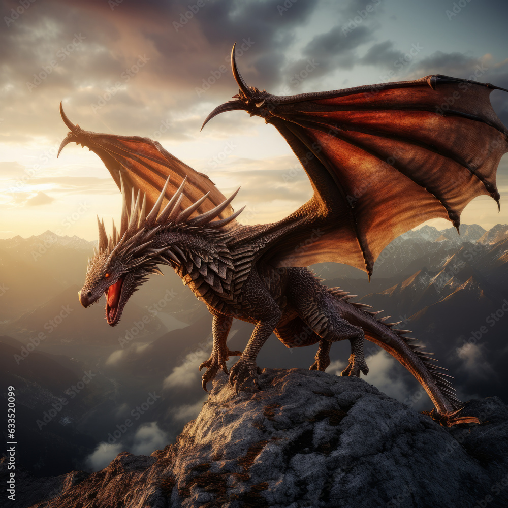 Flying dragon with wings, mountain terrains, at sunset Flying dragon with wings, mountain terrains, at sunset
