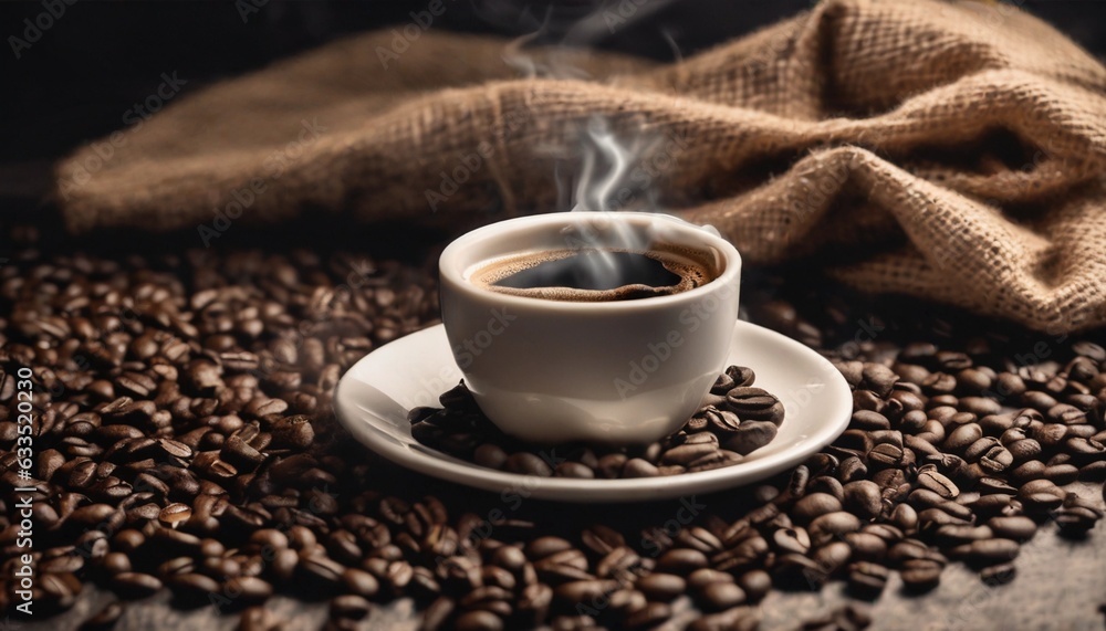 Cup of coffee and coffee beans in burlap sack on old wooden background. Cup of coffee and coffee beans in burlap sack on old wooden background.