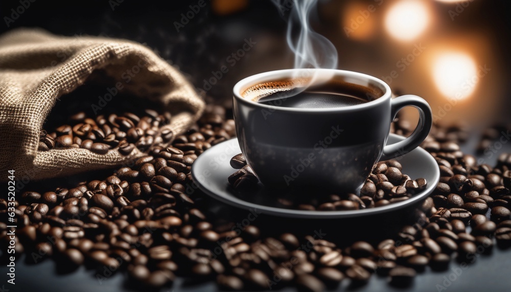 Fototapeta premium Cup of coffee and coffee beans in burlap sack on old wooden background.