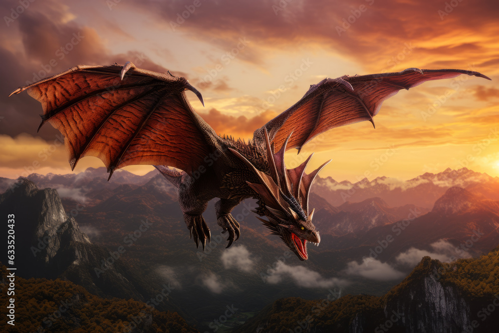 Flying dragon with wings, mountain terrains, at sunset Flying dragon with wings, mountain terrains, at sunset