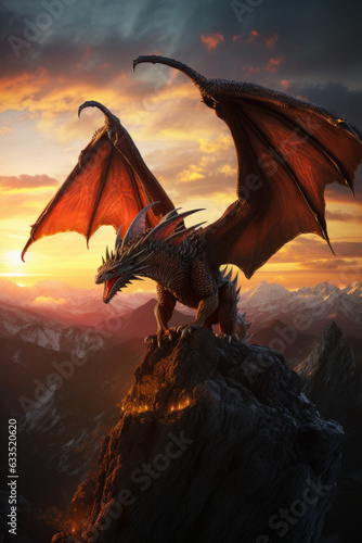 Flying dragon with wings, mountain terrains, at sunset © Guido Amrein