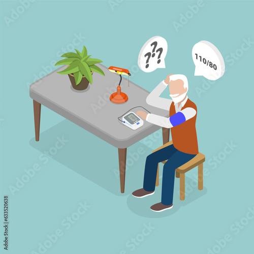 3D Isometric Flat Vector Conceptual Illustration of Blood Pressure Check, Monitoring Health