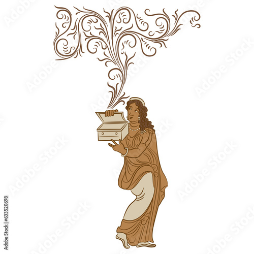 Pandora. Ancient Greek girl opening mysterious box. Let the genie out. Vase painting style. Isolated vector illustration.