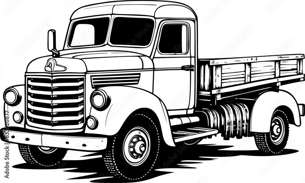 Vintage vector illustration of a high-contrast black and white truck on a white background, capturing the timeless essence of transportation. EPS-10