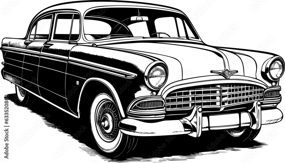 Vintage vector illustration of a high-contrast black and white car on a white background, capturing the classic elegance of an automobile