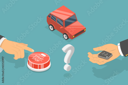 3D Isometric Flat Vector Conceptual Illustration of Engine Or Machinery Stop Start , Keyless Ignition Technology