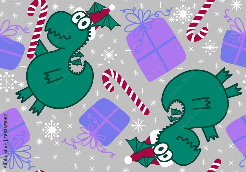 Cartoon animals dinosaur Christmas seamless dragon pattern for wrapping paper and kids clothes print