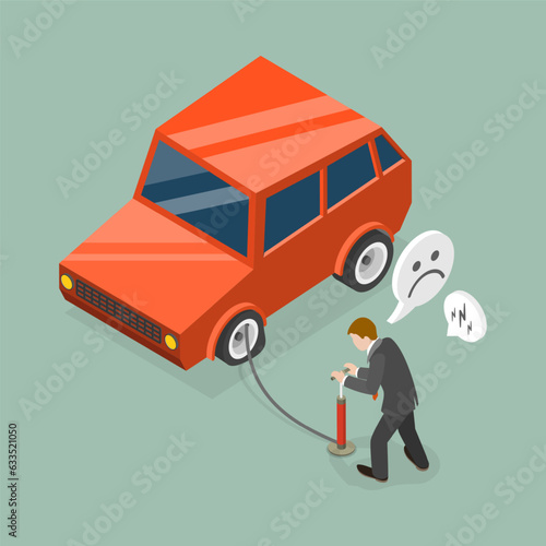 3D Isometric Flat Vector Conceptual Illustration of Tire Inflating, Accident on the Road
