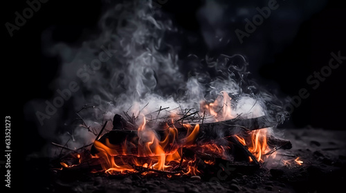 Bonfire with red-hot coals. Smoke  sparks. On a dark background. Generative AI technology.