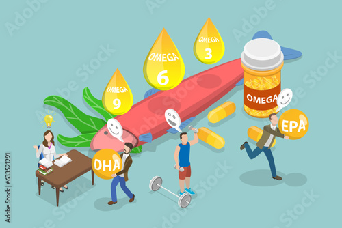 3D Isometric Flat Vector Conceptual Illustration of Omega Fatty Acid, Healthy Fats