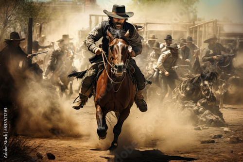 Cowboy riding on a horse and firing his gun © Guido Amrein