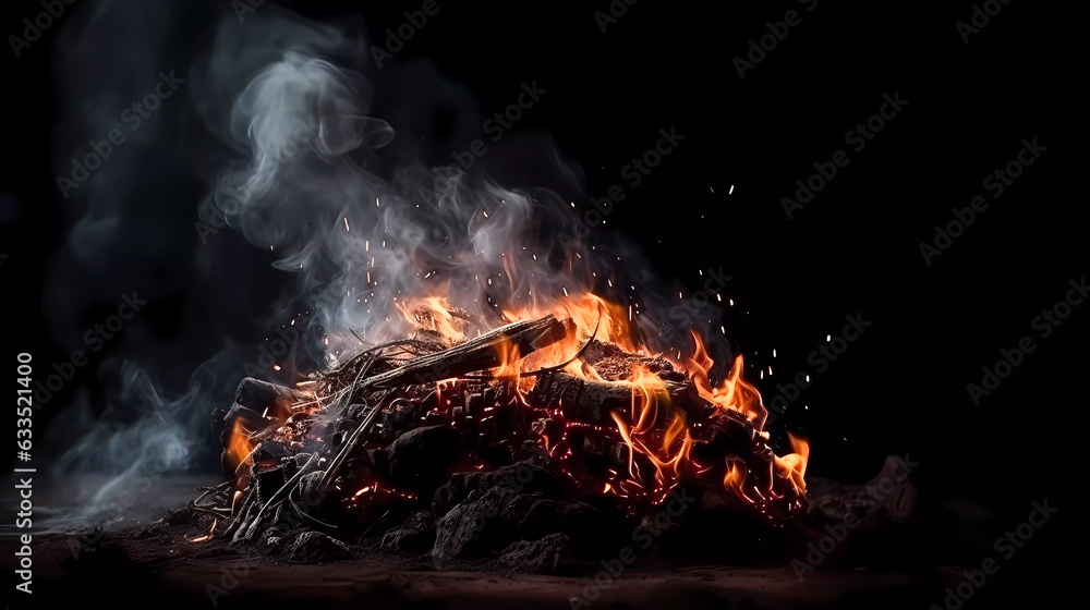 Fototapeta premium Bonfire with red-hot coals. Smoke, sparks. On a dark background. Generative AI technology.