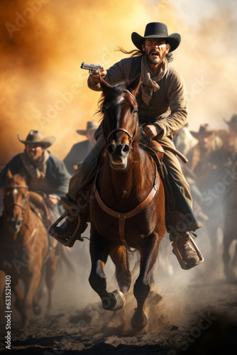 Cowboy riding on a horse and firing his gun © Guido Amrein
