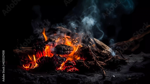 Bonfire with red-hot coals. Smoke, sparks. On a dark background. Generative AI technology.