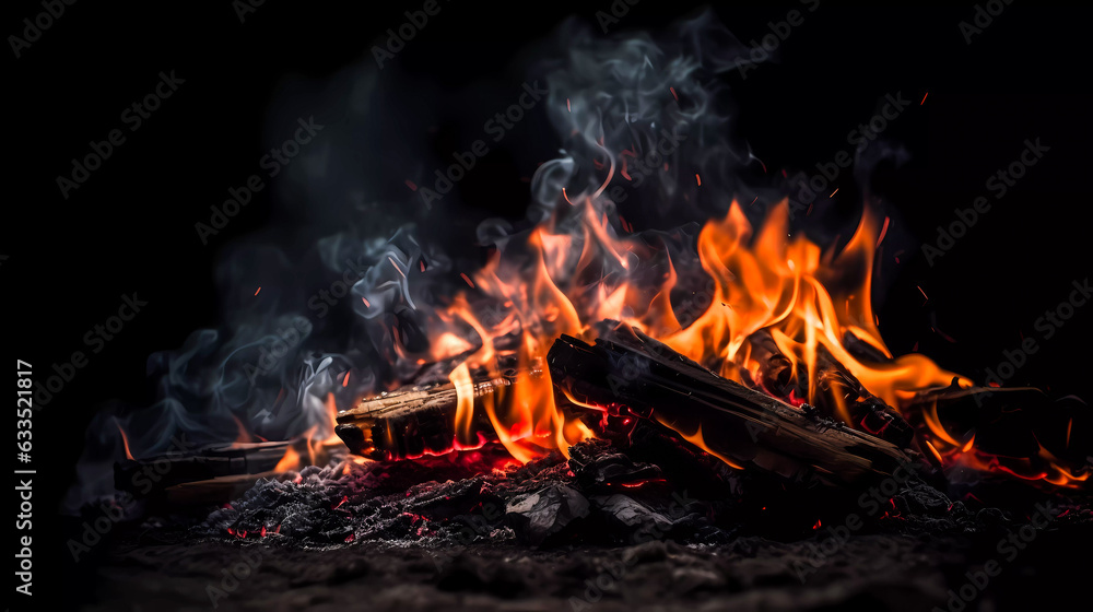 Bonfire with red-hot coals. Smoke, sparks. On a dark background. Generative AI technology.