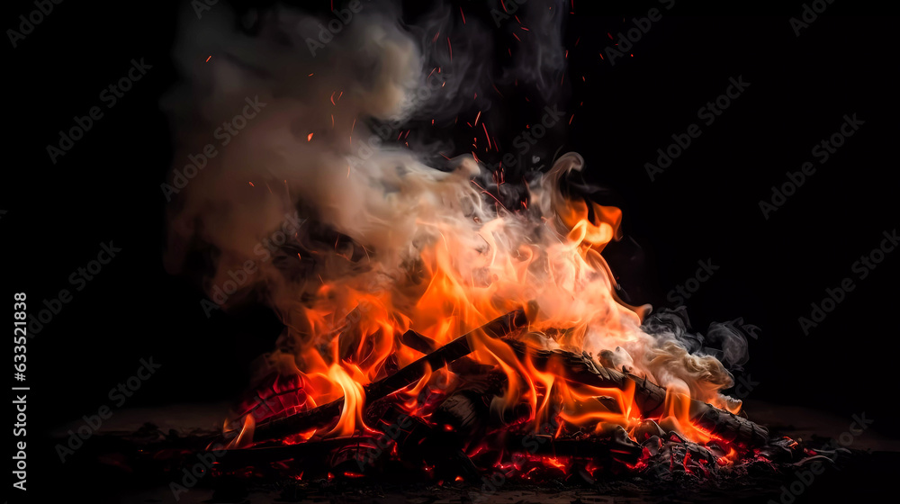 Bonfire with red-hot coals. Smoke, sparks. On a dark background. Generative AI technology.