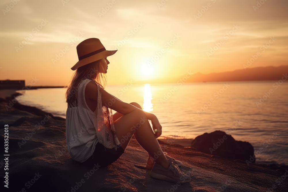 A young woman enjoying sunset sitting near sea