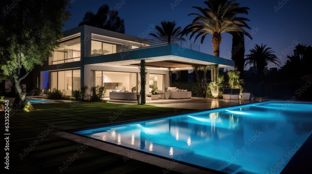 Modern villa with pool, vibrant colors exclusive real estate house